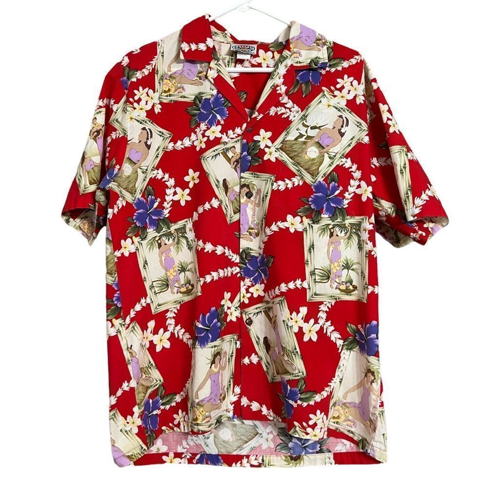 Vintage Pacific Legend Red Hawaiian Shirt Luau Girls Rare Style Cotton Sz L